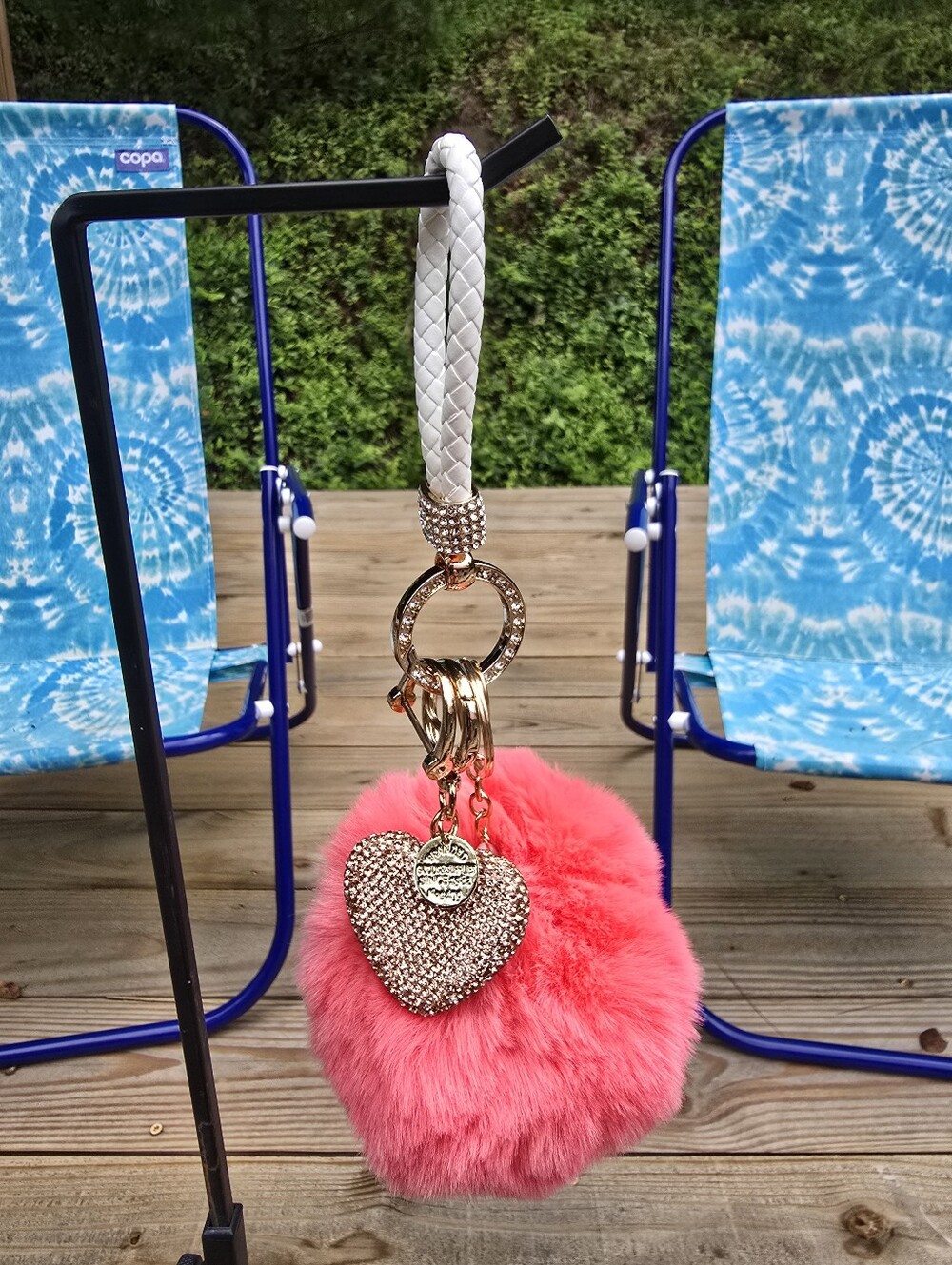 Peach And Rose Heart Fur Pom Pom Keychain Heart Bag Charm Cell Phone. Big & Bold